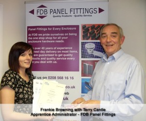 Frankie Browning recieving her award from Terry Cantle MD of FDB Panel Fittings